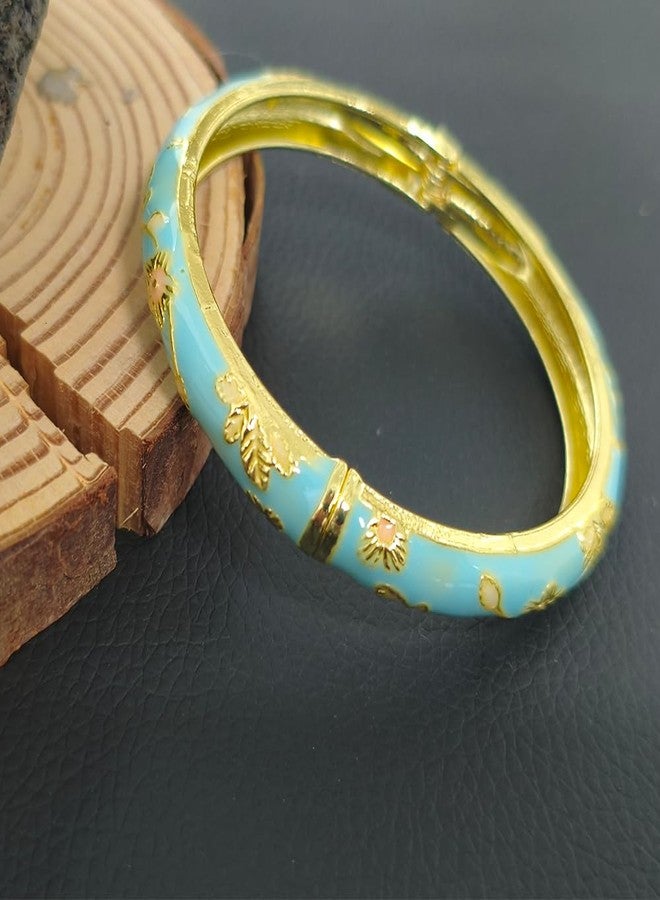 BlingNook Cloisonne Bracelet For Women, Chunky Bangle Trendy Cute Flower Enamel Bangles Multi Tone Engraved Cuff Gold Plated Bracelets Stackable Wife Jewelry Friendship Gift (Blue&Pink Set, One Size) - Image 2